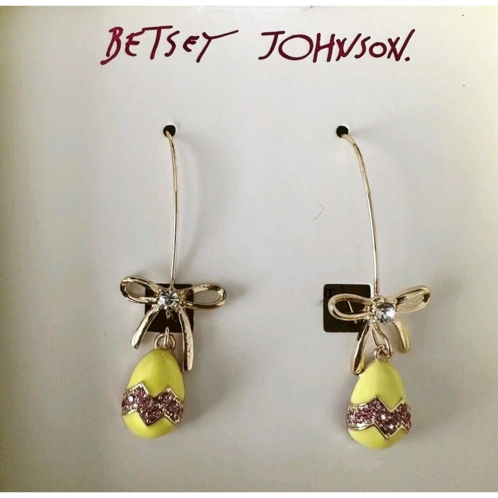 New BETSEY JOHNSON Easter Eggs Gold Bows Dangle Rhinestones Earrings